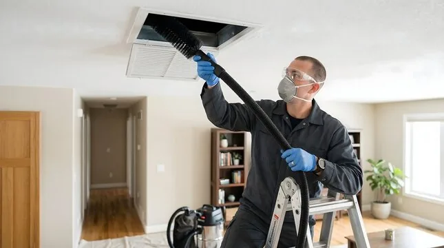 Technician cleaning a ceiling air vent with a brush and HEPA vacuum hose in a Torrance home