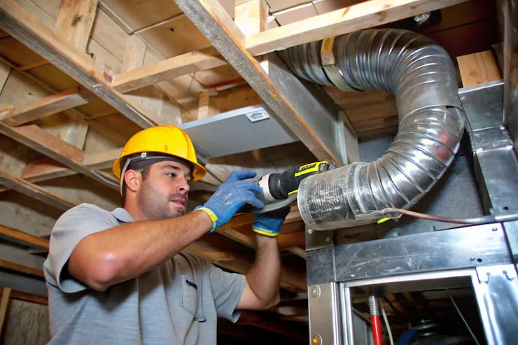 Technician sealing a sheet metal and flex duct connection in an attic