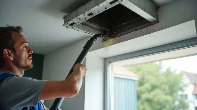 Vacuum hose pulling debris from a ceiling air return