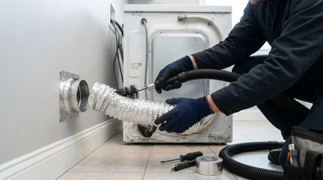 Technician cleaning a dryer vent with a rotary brush and vacuum