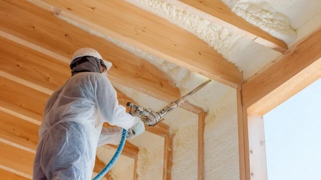 Spray foam insulation applied to a roof deck between rafters