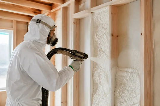 Installer in protective suit applying spray foam insulation between wall studs